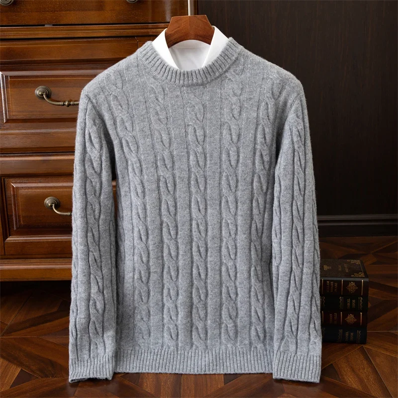 

Men's Thick Round Neck Cashmere Sweater Twisted 100% Wool Sweater Fashion Style