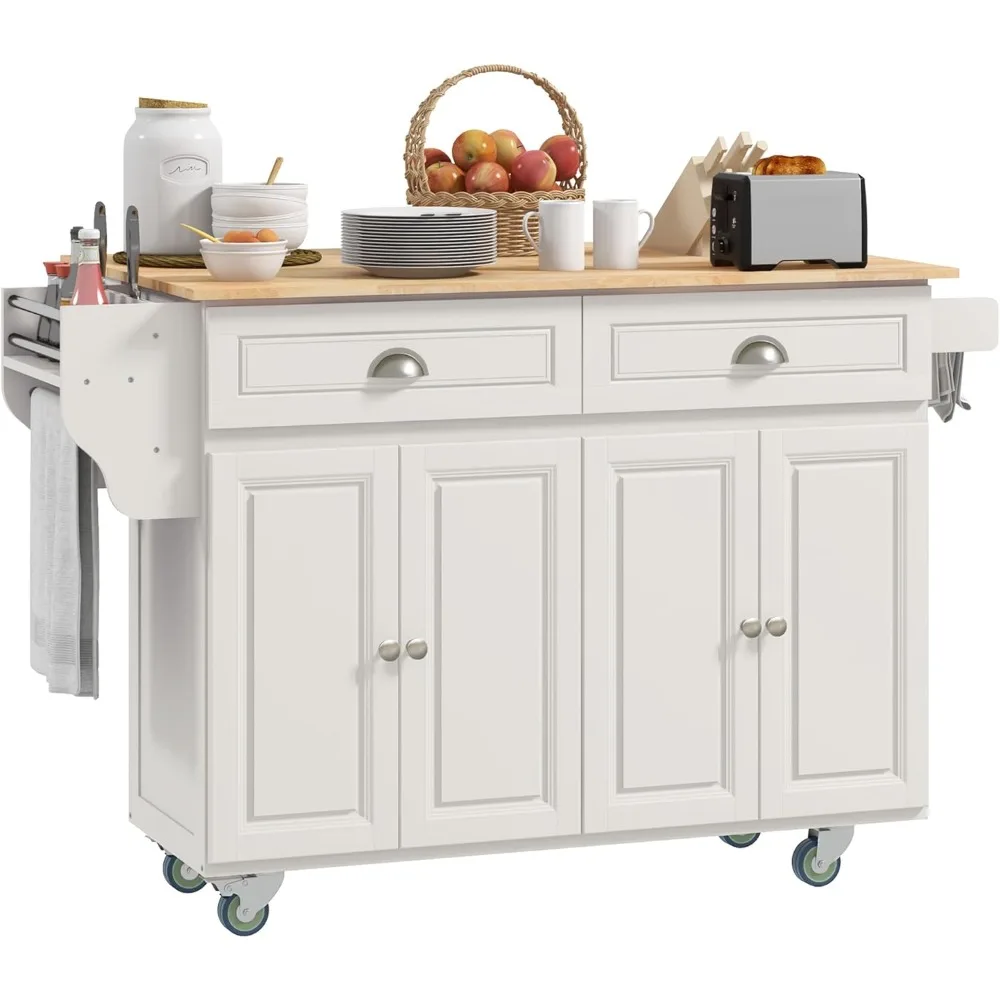 Rolling Kitchen Island Drop Leaf, Kitchen Cart on Wheels, Solid Wood Top Breakfast Nook with Storage Drawers
