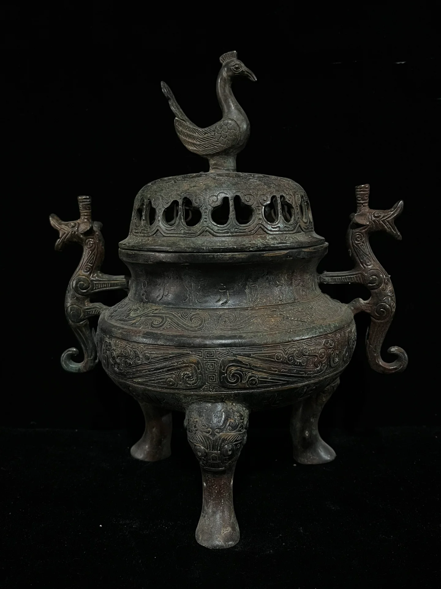 Very rare han Dynasty bronze censer,Bronze Red-Spotted Green-Rusted Double Dragon Standing Bird Incense Burner,free shipping