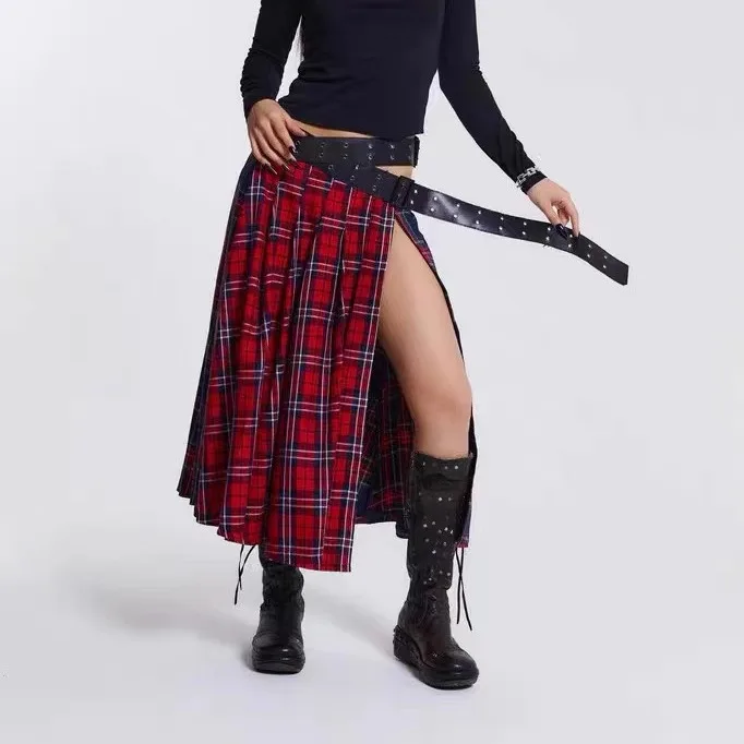 

Jaded London Sexy Y2K Plaid Long Folded Skirt with Belt Wrap Waist Slit f-length A-Line Skirts for Women Summer 2024