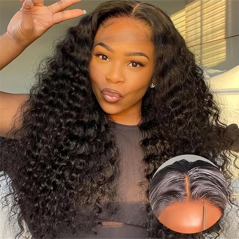 Curly Lace Frontal Glueless Preplucked Brazilian Wig 200 Density Black Lace Front 100% Human Hair Deep Wave Wigs Ready to Wear