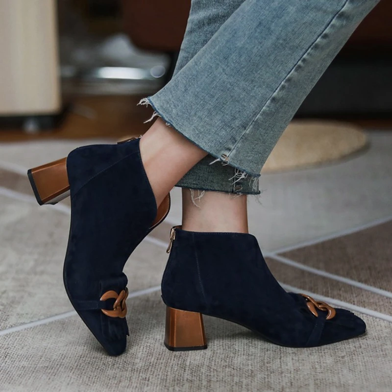 NEW Women Boots Sheep Suade Round Toe Square Heel Mid-Heel Ankle Boots Fringed Zipper Fashion Solid Office Lady Shoes Plus Size