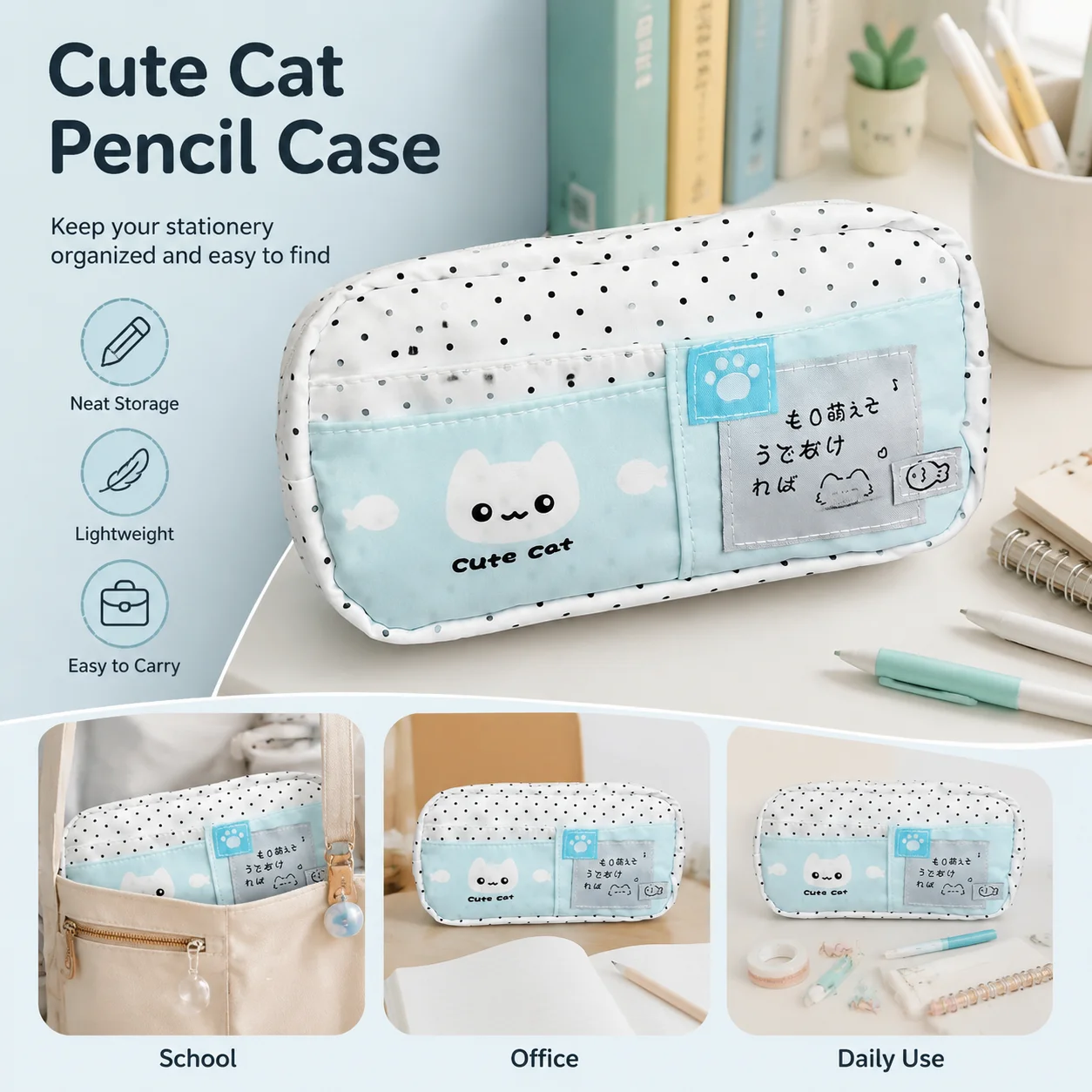 INS polka dot Pencil Case Single Layer Stationery Storage Pouch School Students Korean Mint Blue Cute Cat Canvas Organizer Bag