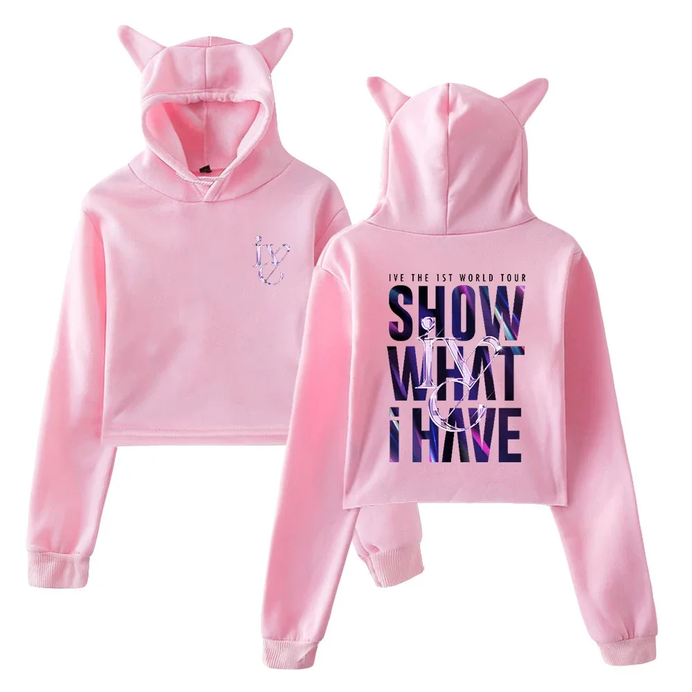 KPOP IVE The 1ST World Tour Show What I Have Crop Top Hoodie Streetwear Hip Hop Kawaii Cat Ears Harajuku Cropped Sweatshirt