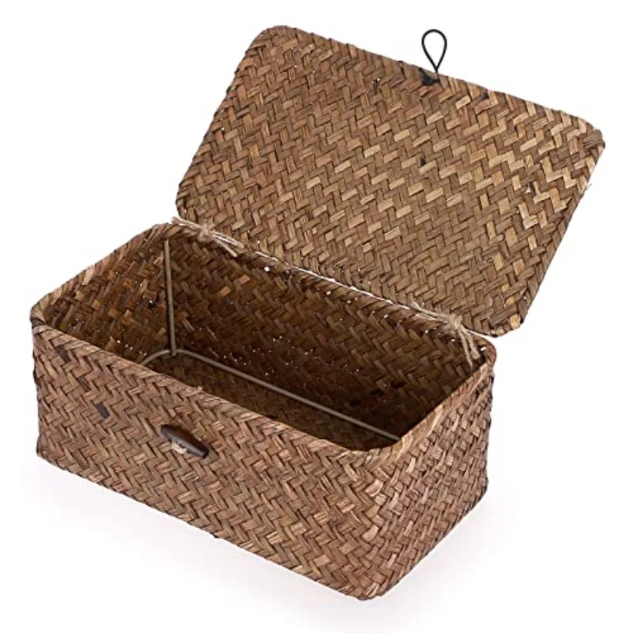 

Wicker Shelf Baskets Bin with Lid, Handwoven Seagrass Basket Storage Bins Rectangular Household Basket Boxes for Shelf Wardrobe