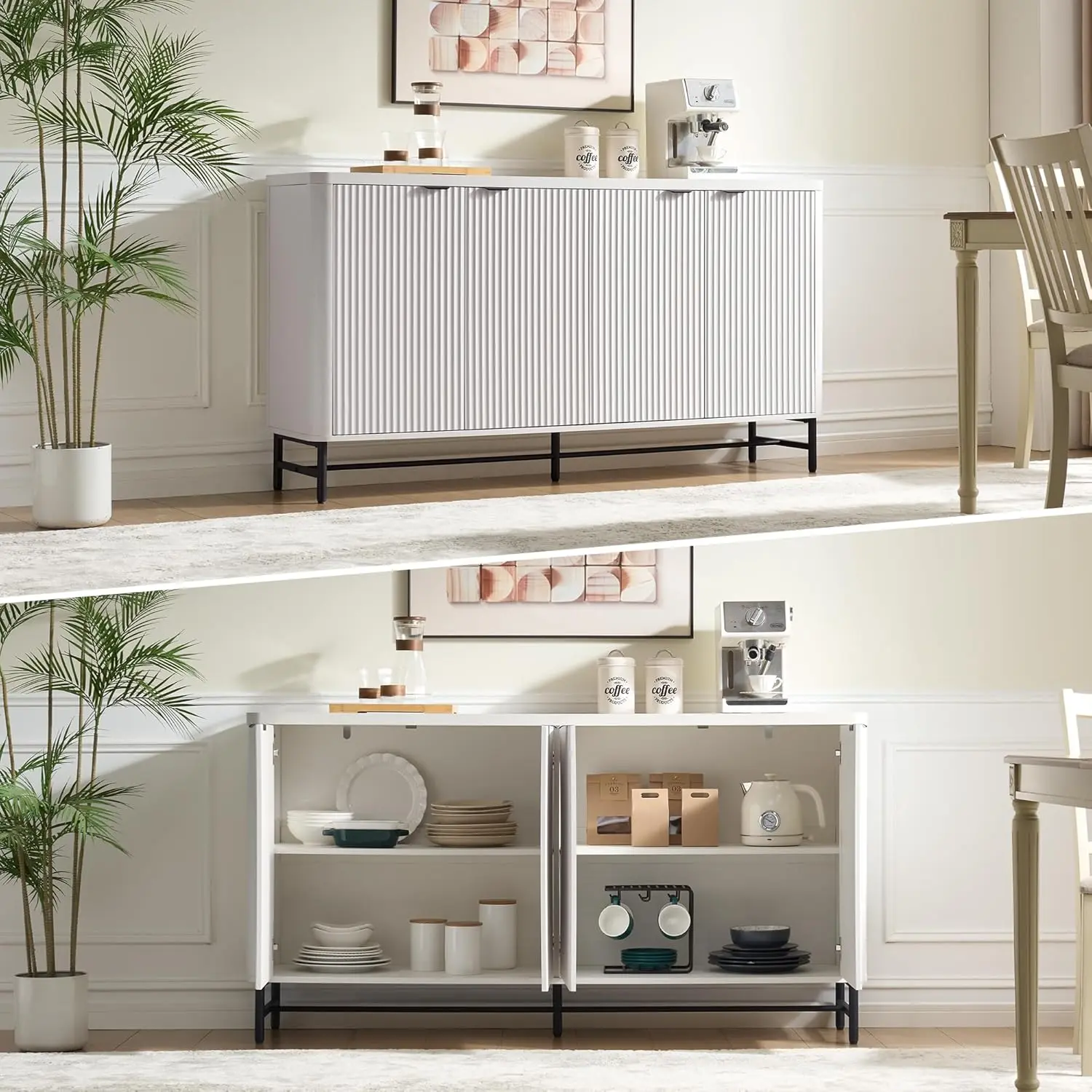 خزانة بوفيه جانبية كبيرة مع مساحة تخزين، طاولة وحدة تحكم بار القهوة ذات المزمر الحديث مقاس 65 بوصة مع أبواب وقابلة للتعديل