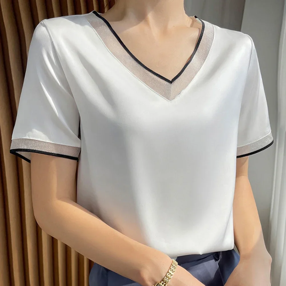 Women Tops Leisure Party Plain Satin Short Sleeve Strech Summer Blouse T Shirt Daily Elegant Tunic Tops Female