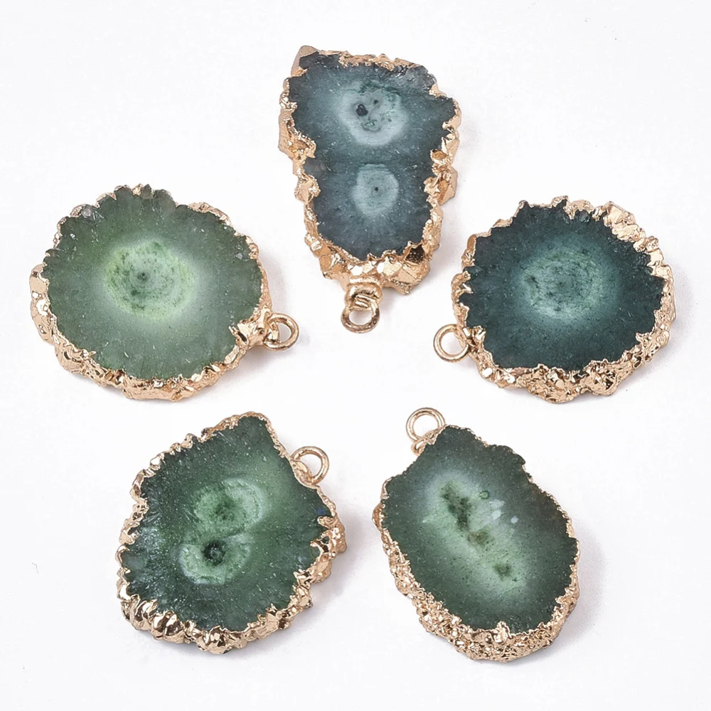 10Pcs Natural Druzy Agate Pendants, with Brass Finding, Golden Tone Edge Plated, Dyed, Nuggets, 22~33x18~25x5~7mm, Hole: 1.2~2mm