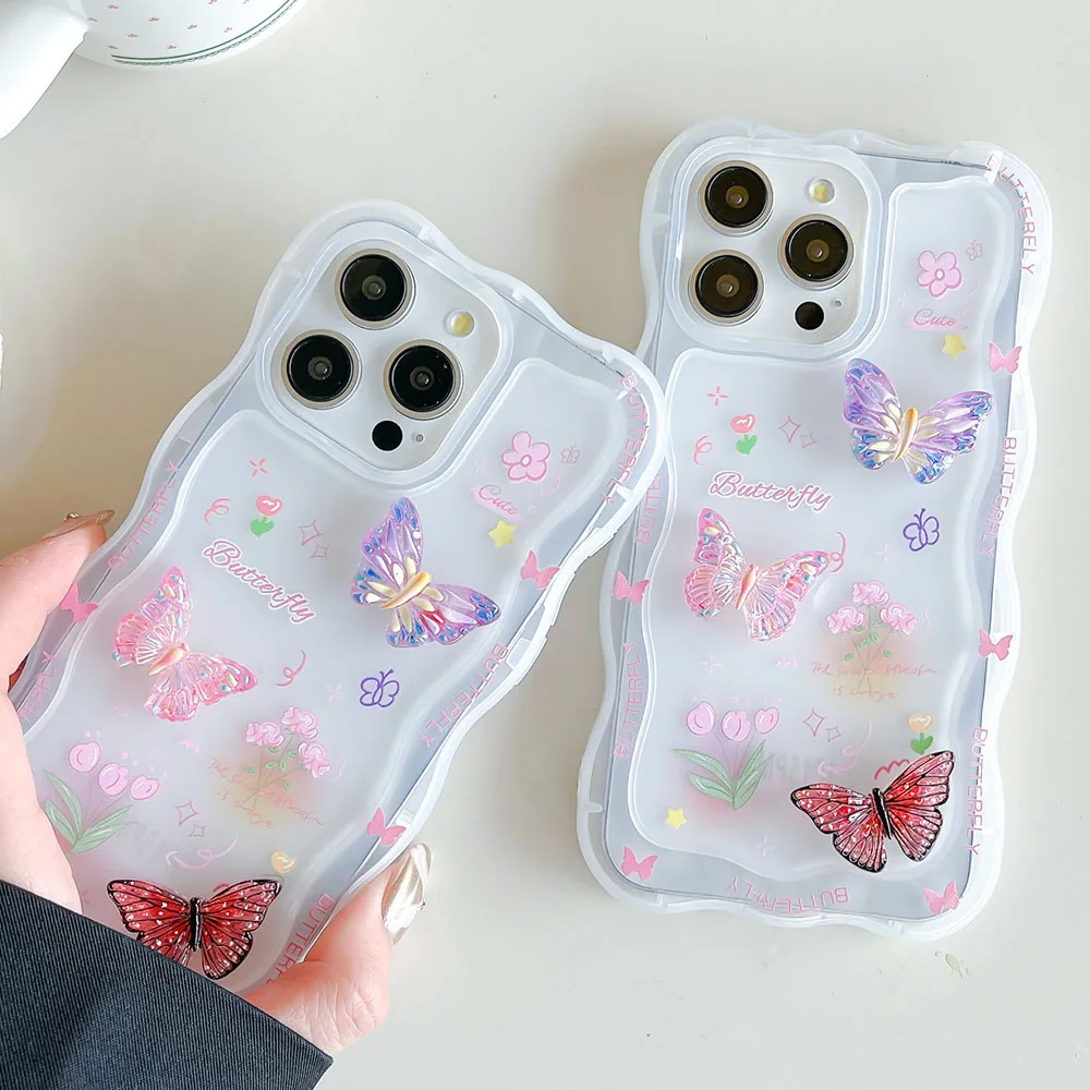 Wavy Colorful 3D Butterfly Phone Case For iPhone 11 12 13 14 15 Pro Max 12Pro 13Pro Max 14 15 Plus Flower Protectve Shell Cover