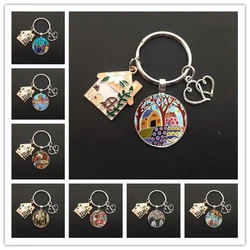 Beautiful House Key Chains Flower Cabin Keychain Glass Cabochon Cute Gift for Women and Girls