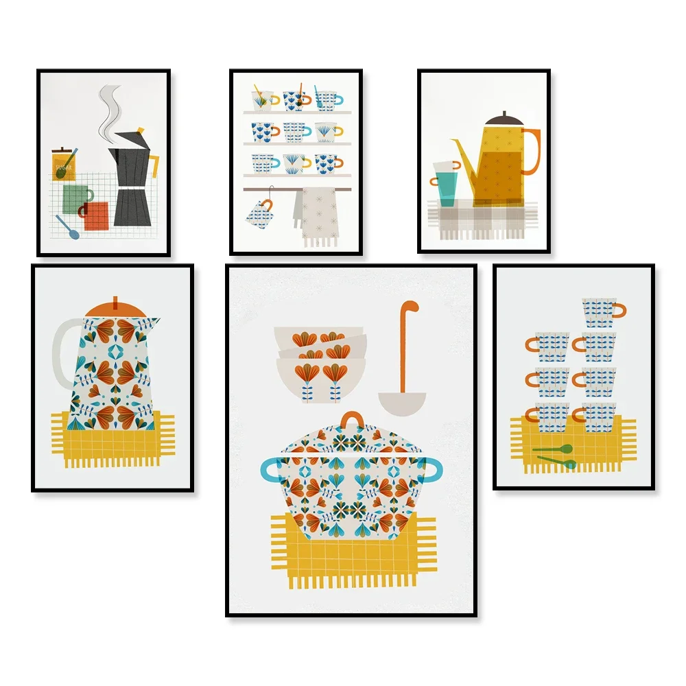 

Inspired printing kitchen utensils, teapots, coffee machines, tea cups, Scandinavian retro posters, Nordic decorations