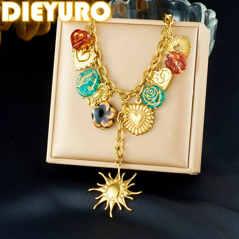 DIEYURO 316L الفولاذ المقاوم للصدأ الاتجاه الملونة غير النظامية القلب الذهبي الشمس قلادة قلادة سيدة مجوهرات مقاومة للماء براقة #1