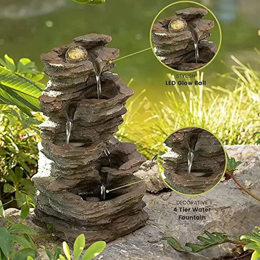 4 Tier LED Rock Look Water Fountain Garden Decor Illuminated Calming Flow Gray Rust Weather Resistant Relaxing SoundsgetYard