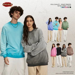 ZODF 2024 Autumn Men's Washed Sweatshirt Unisex Women Retro Solid 430gsm Terry Cotton O Neck Pullovers Coat HY0880
