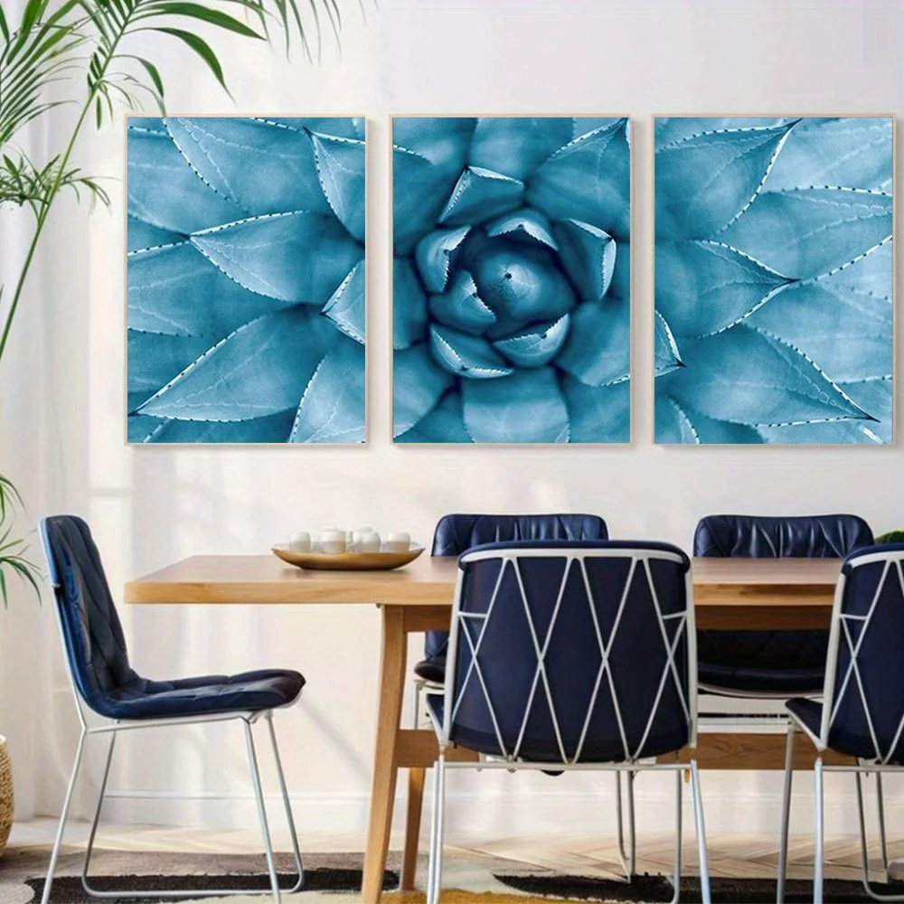2D Flat, 2D Flat, Set of 3 Unframed Canvas Prints Featuring a Close-Up of a Green Agave Leaf, Perfect for Adding a Touch of N