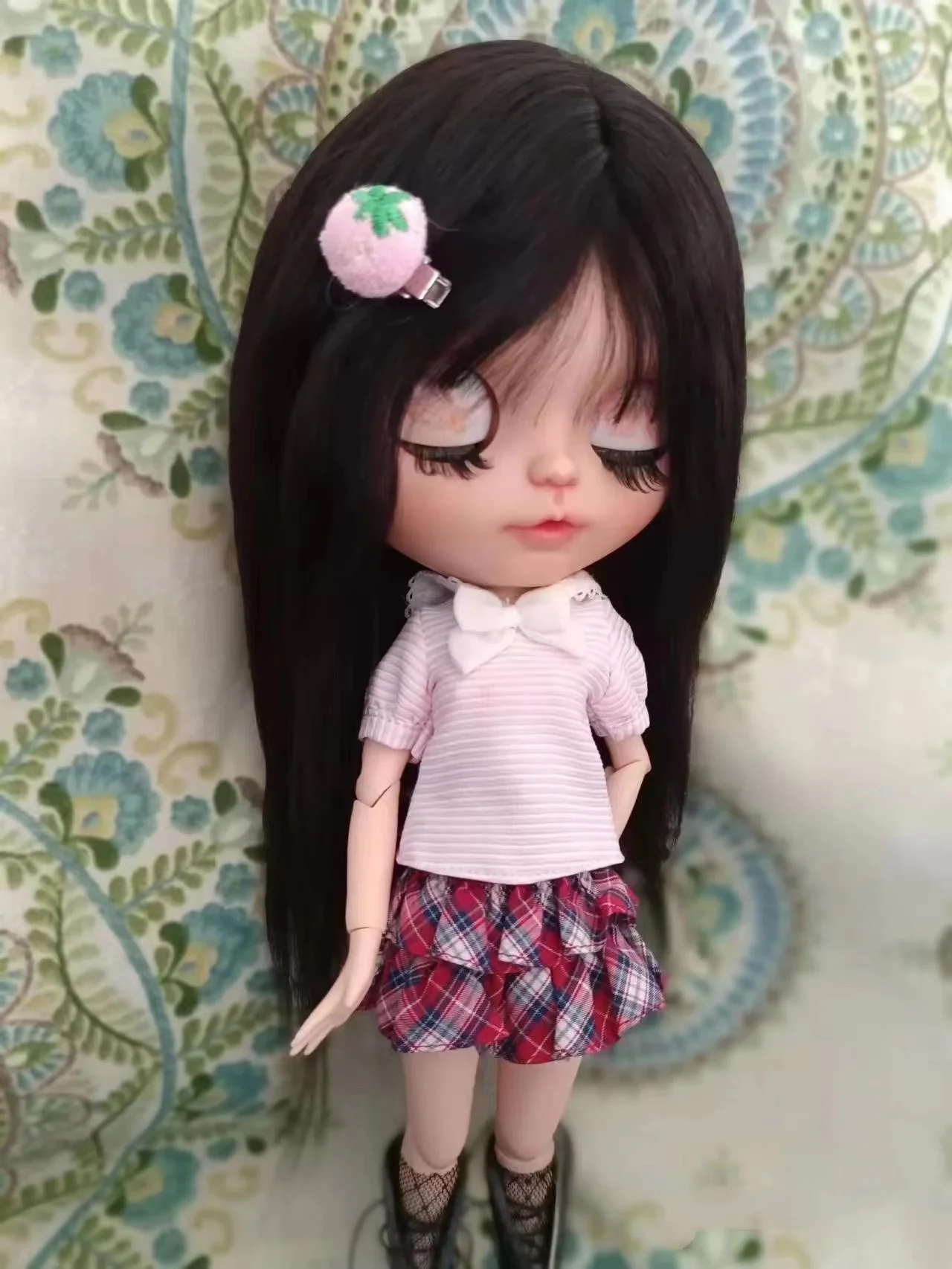 BJD Blythe wig Russia Mohair Black straight hair Fit 9-10inch head circumference Qbaby