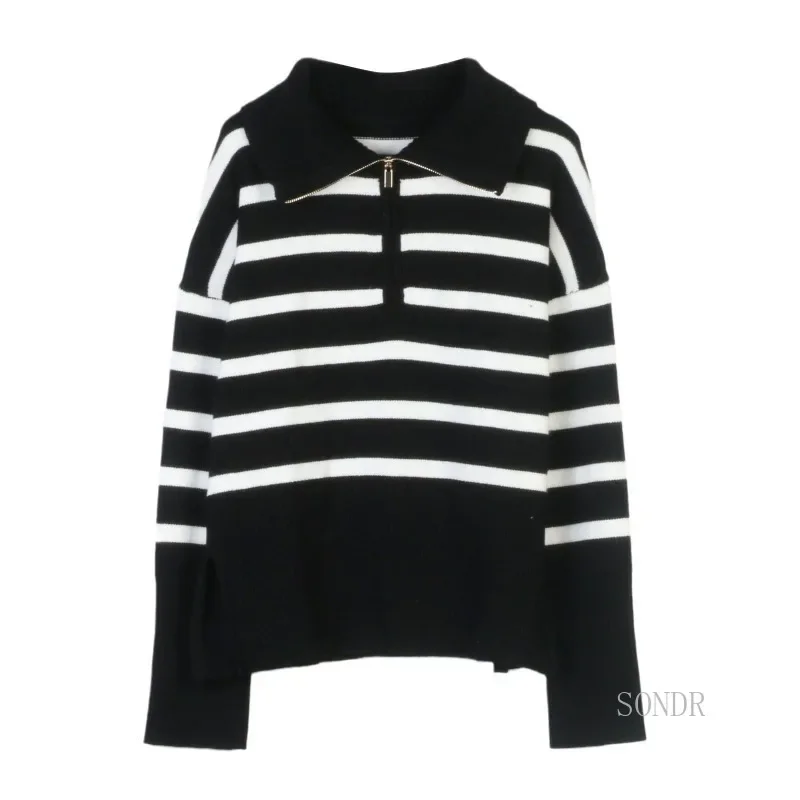 Black White Striped Half Zipper Lapel Sweater Women 2024 Autumn Winter Tops Sueter Mujer Classic Contrast Color Pullover Sweater