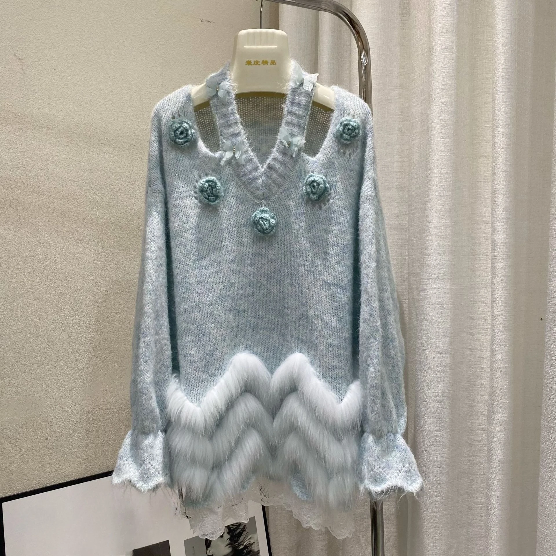 2025 Autumn Winter New Floral Design Sweaters Women Faux Fox Fur Coats V-neck Off-shoulder Knitted Tops Solid Color Knitwears