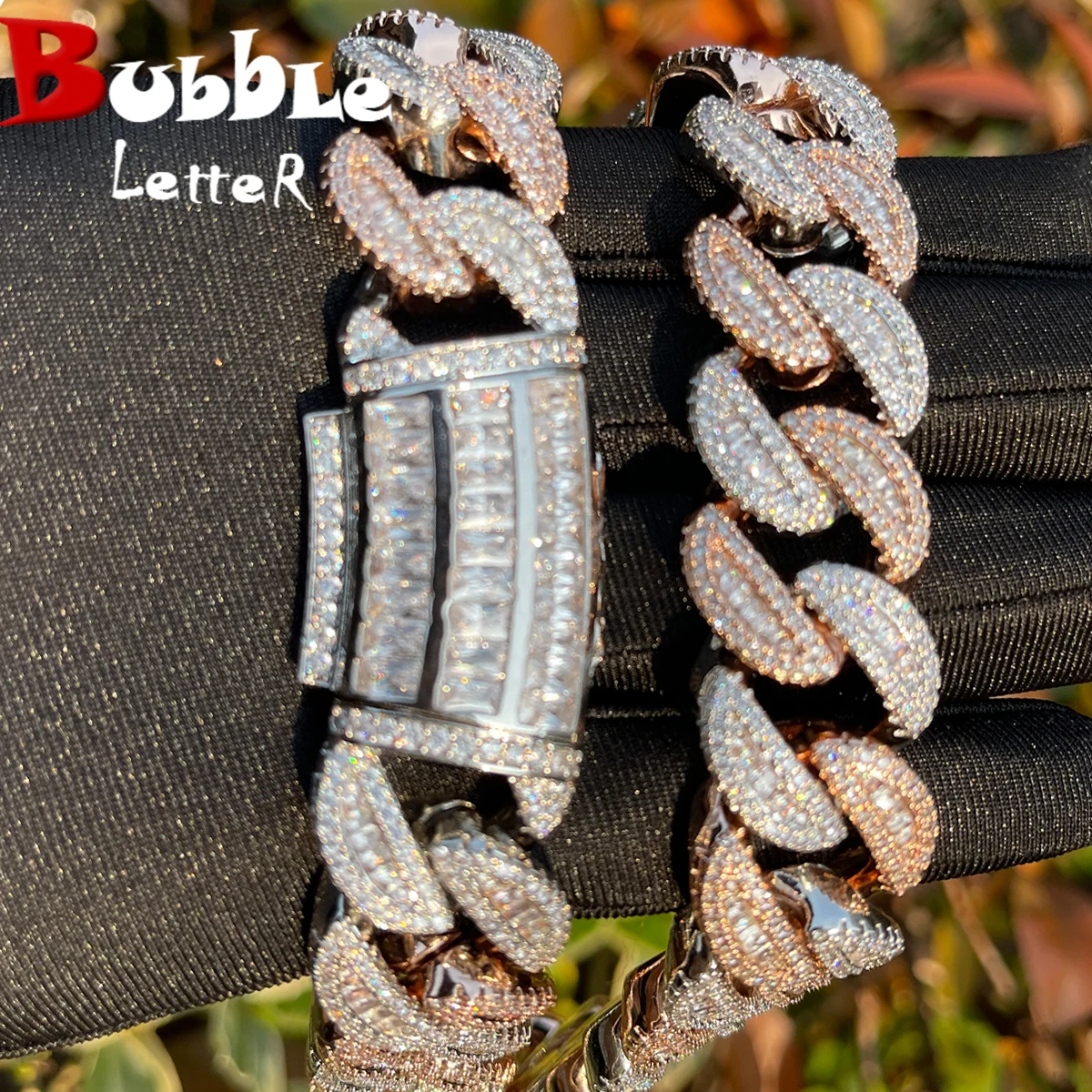 Bubble Letter Baguette Cuban Link Chain for Men Iced Out Prong Setting Necklace Choker Real Gold Plated Hip Hop Jewelry