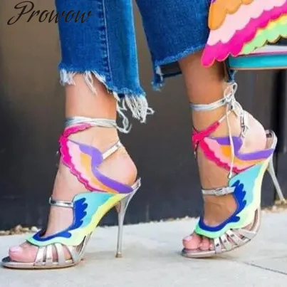 

Prowow новые женские красочные сандалии с крыльями, кожаный ремешок с вырезами, стильные сексуальные туфли на высоком каблуке со шнуровкой, женское платье на шпильке