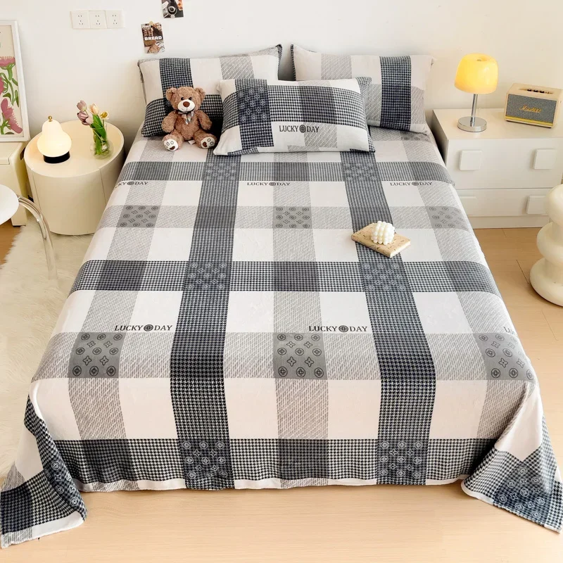 Geometric Plaid Pattern Flannel Bed Sheet Set Super Soft Plush Bed Sheets with 2 Pillowcases Luxury Queen Size Bedding Set