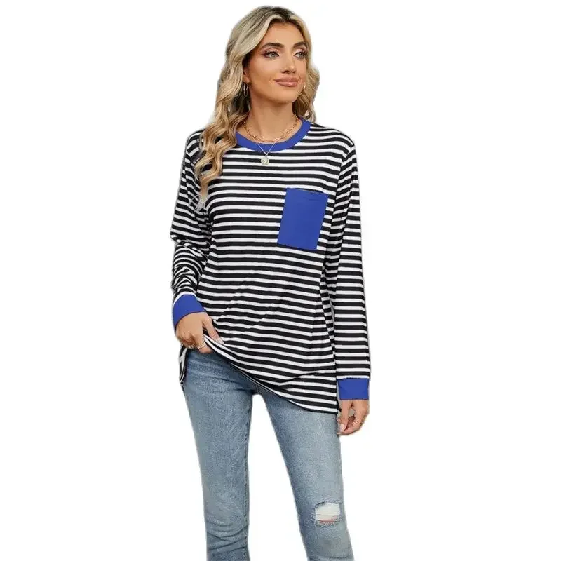 Women Single Pocket Patchwork T-Shirt Elegant Colour Blocking Stripes Casual O Neck Tops Female Spring Autumn Long Sleeves Tees