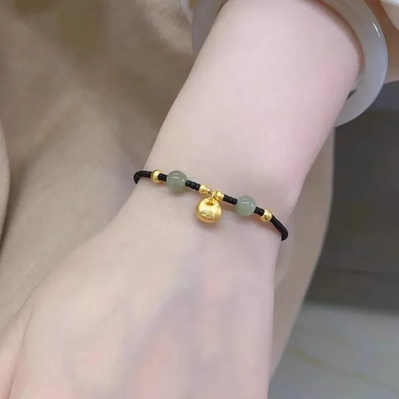 Gold Plated Lucky Charm Green Crystal Beads Wine Red/Black Rope Chain Braided Bracelet Women Men Fashion Hand Accessories 1612