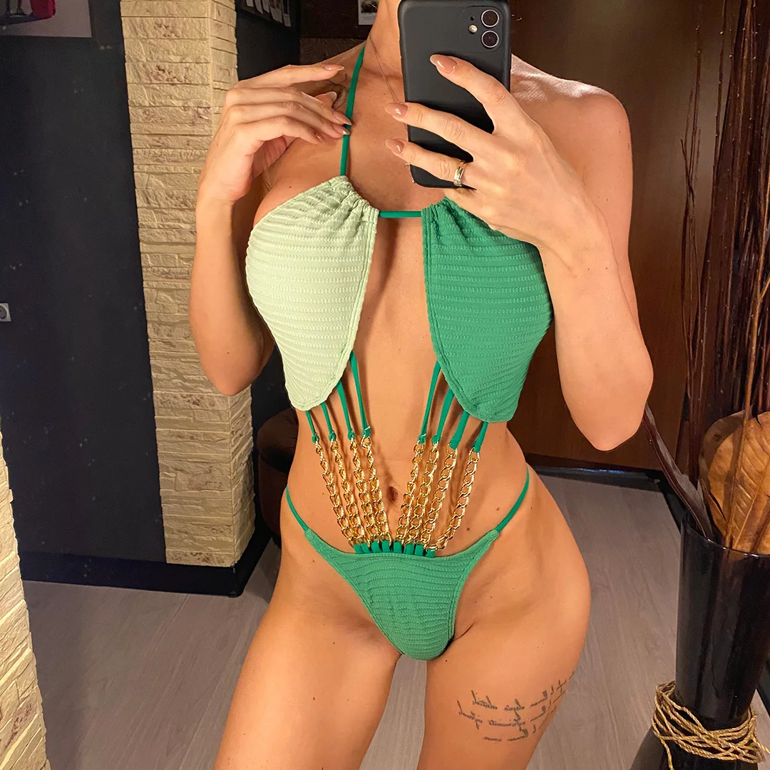 Sexy Splicing Neckholder-Badeanzug mit Metallketten für Damen, einteiliger Badeanzug, Monokini mit hohem Beinausschnitt, Badebekleidung, Badeanzug, Modell V4617 – Detail 3