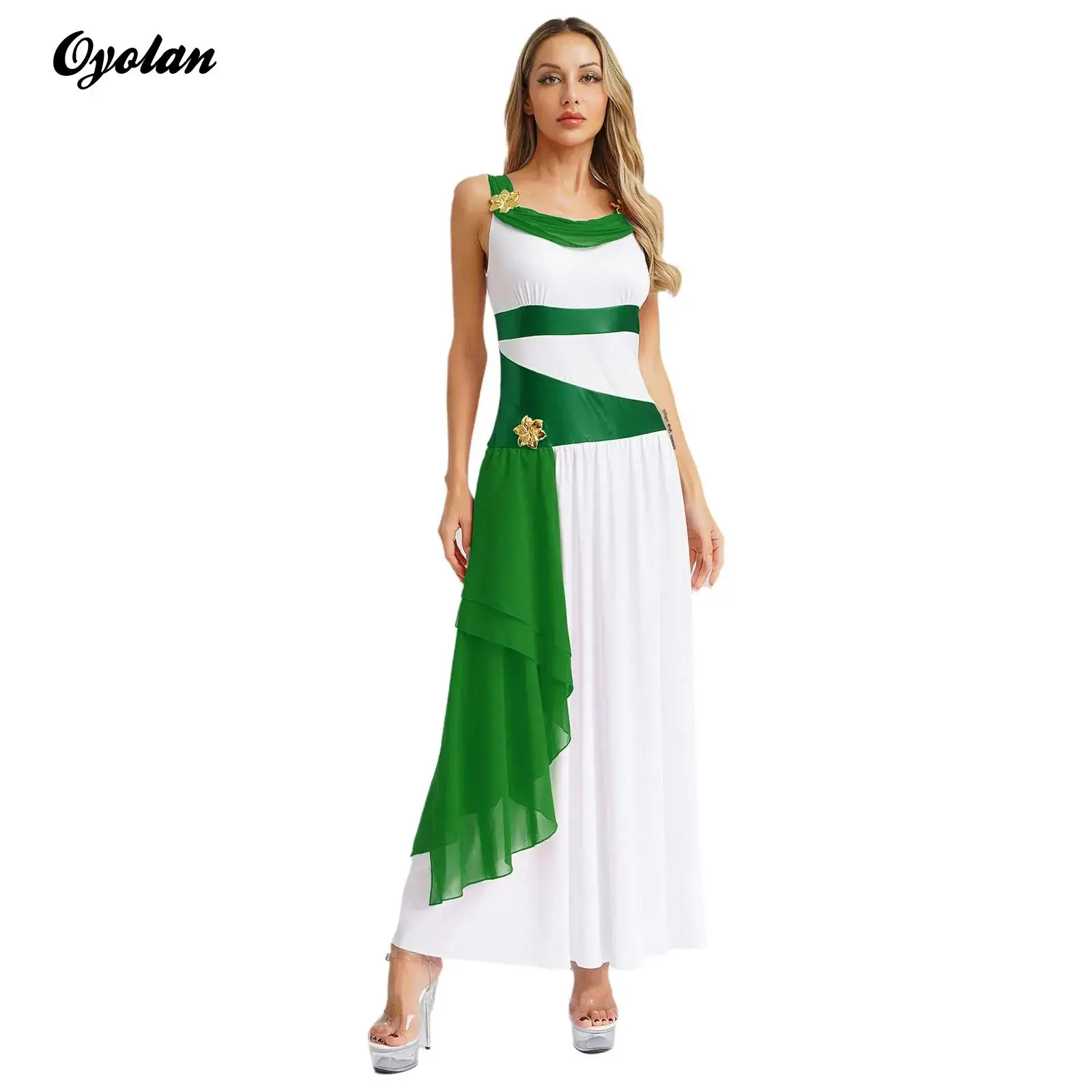

Women Queen Princess Cosplay Costume Flower Chiffon Ancient Grecian Lyrical Classical Dance Dress Halloween Themed Party Costume