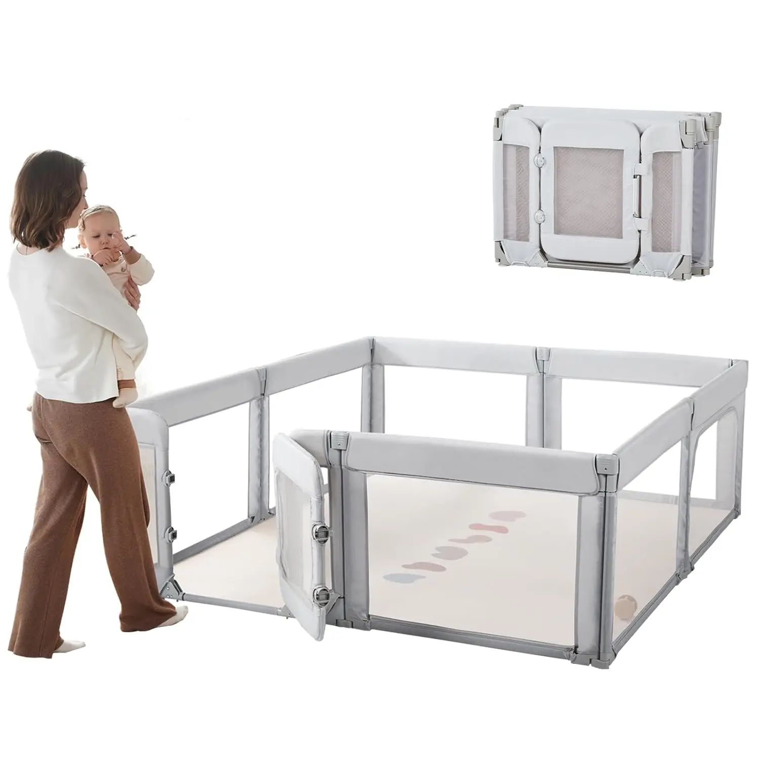 Baby Door 79x71 Inch, Adjustable Playpen Non-Slip Suction Cups Base Safe and Sturdy, Indoor Outdoor Baby Playard,Grey