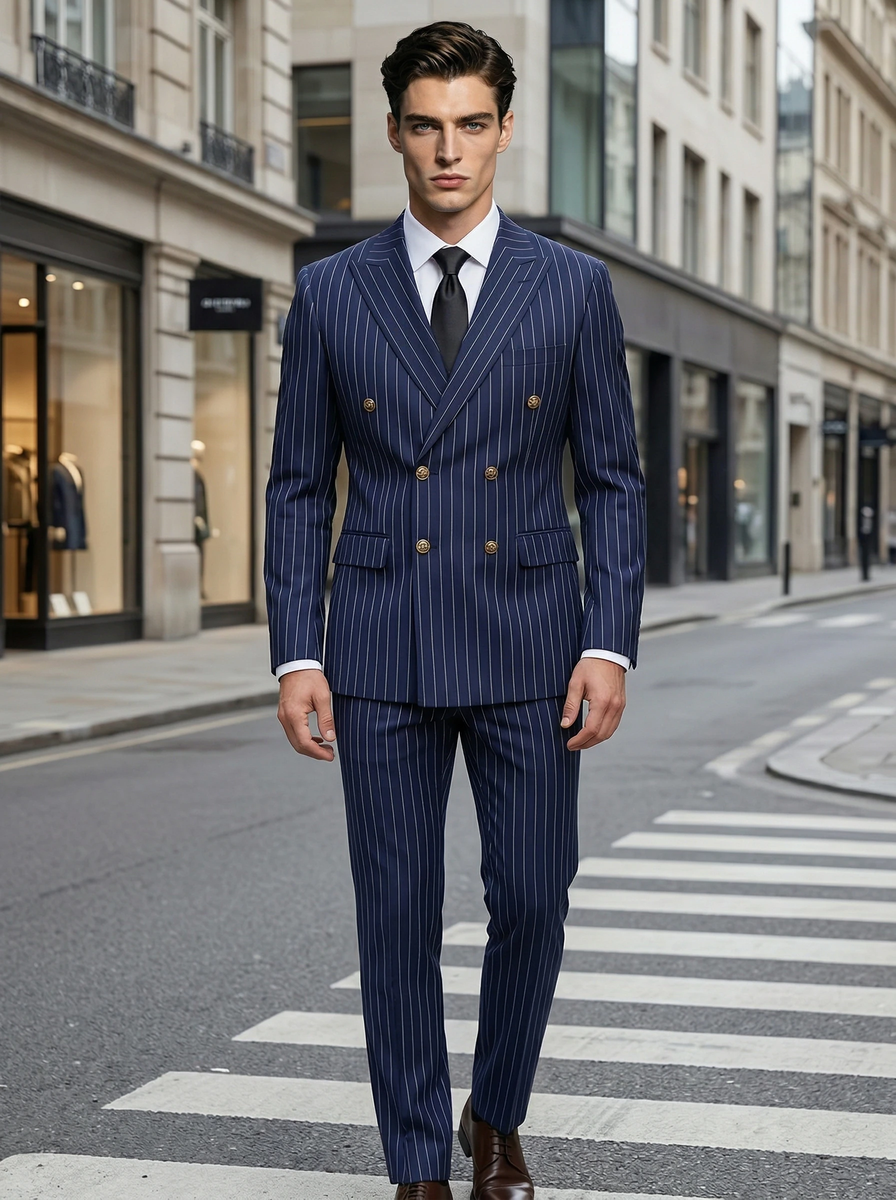 

Men's Navy Blue Pinstripe Peak Lapel Double Breasted Suit, Slim Fit 2-Piece Formal Business Blazer & Trousers Set