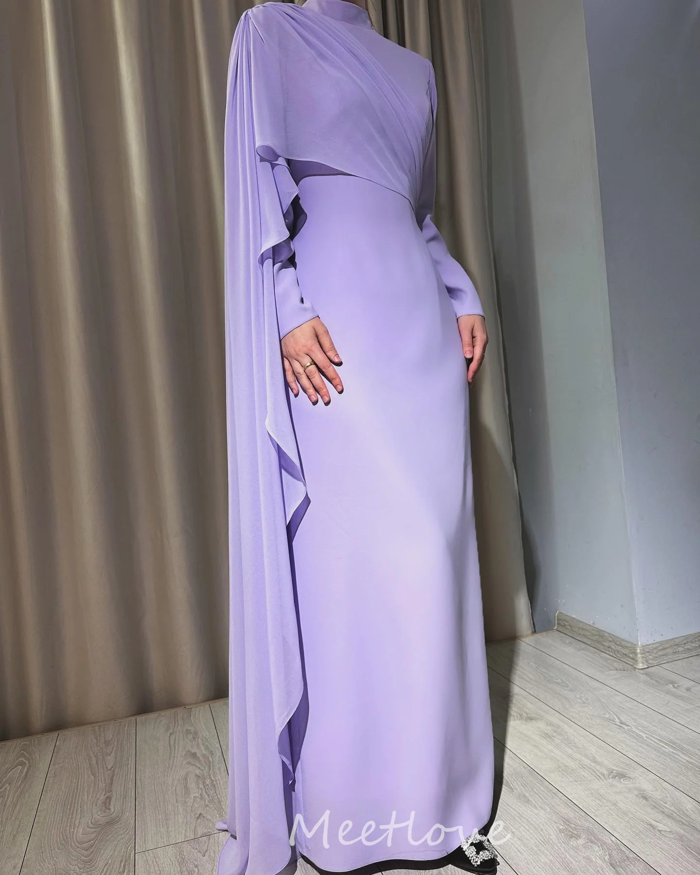 

Purple Prom Dresses 2024 Chiffon Long Sleeves Mermaid Floor-Length Formal Occasion Dresses Vestidos De Graduación High Neck