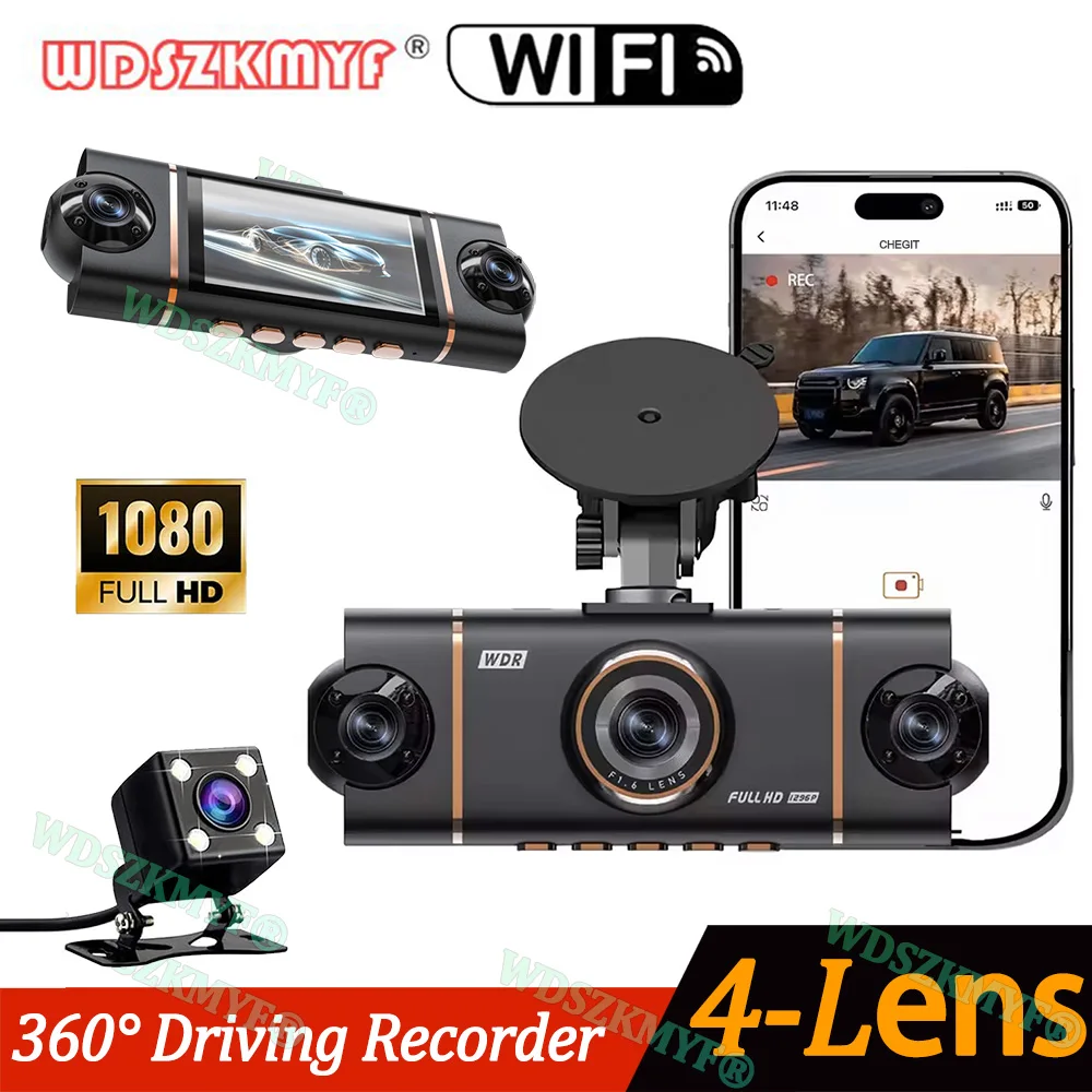 360 °   سيارة داش كام 4 قنوات WIFI APP مسجل فيديو 1080P جهاز تسجيل فيديو رقمي بالكمبيوتر الأمامي مع الرؤية الخلفية للرؤية الليلية الصندوق الأسود اكسسوارات السيارات #1