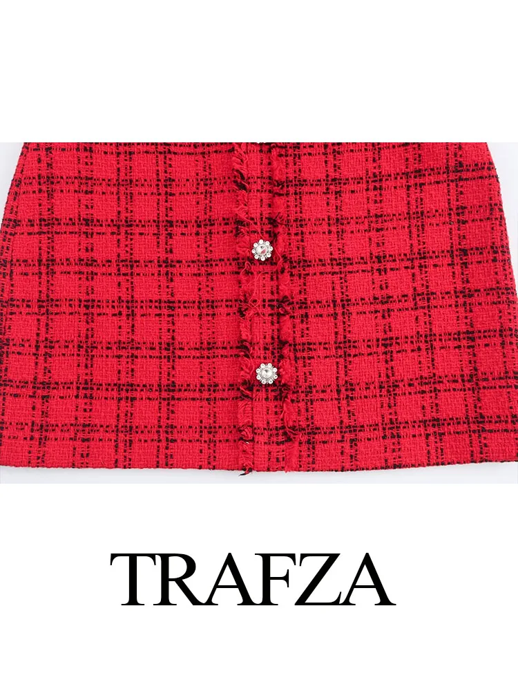 TRAFZA Autumn Dresses Woman Trendy Red Plaid O-Neck Long Sleeves Single Breasted Decoration Zipper Female Vintage Long Dress