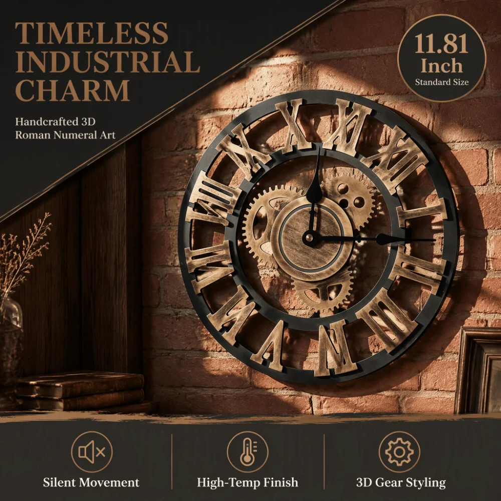 3D Design Gear Wall Clock Gold Silent Movement Rustic Wall Clock 30cm Diameter Battery Operated Wooden Wall Clock Bedroom Use
