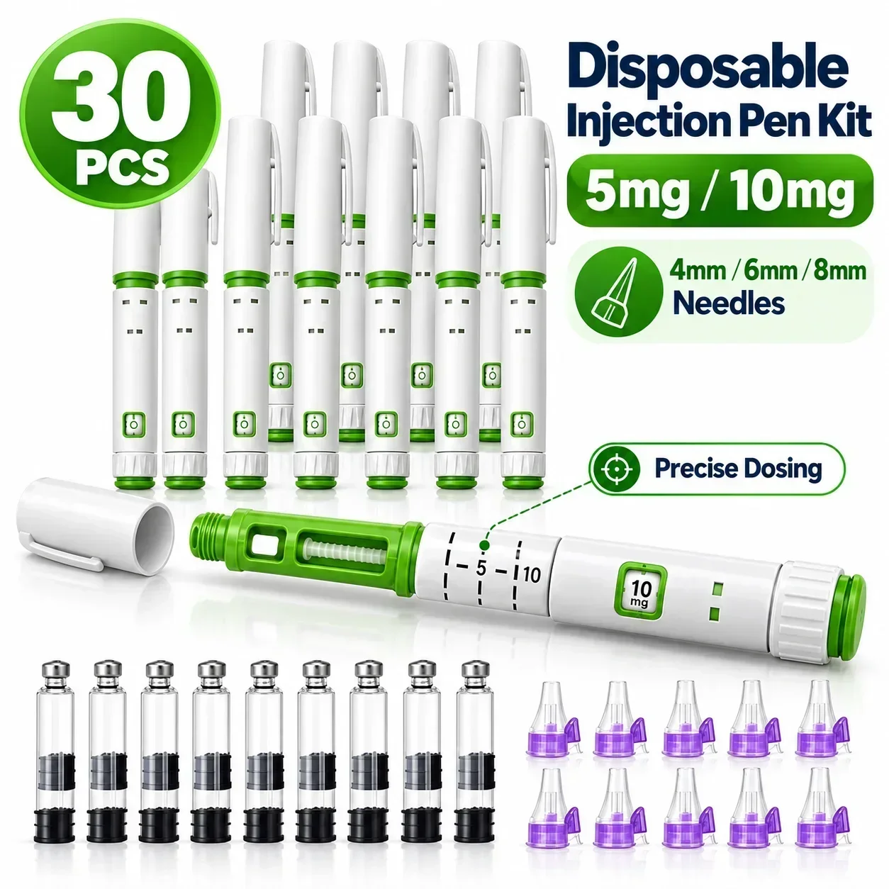 30PCS Green Disposable Insulin Injection Pen Kit 5mg 10mg Adjustable Dose Injector, 10 Pens 10 Bottles 10 Needles Precise Dosing