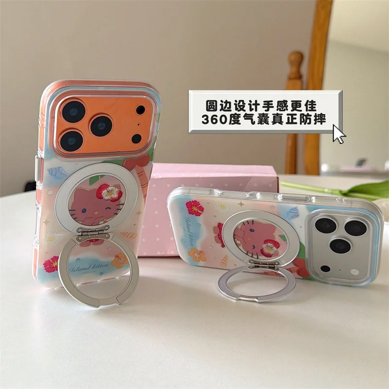 New 2026 Gradient Hibiscus Hello Kitty Phone Case For iPhone 15 16 17 ProMax Large Window With Rotatable Glitter Ring Kickstand