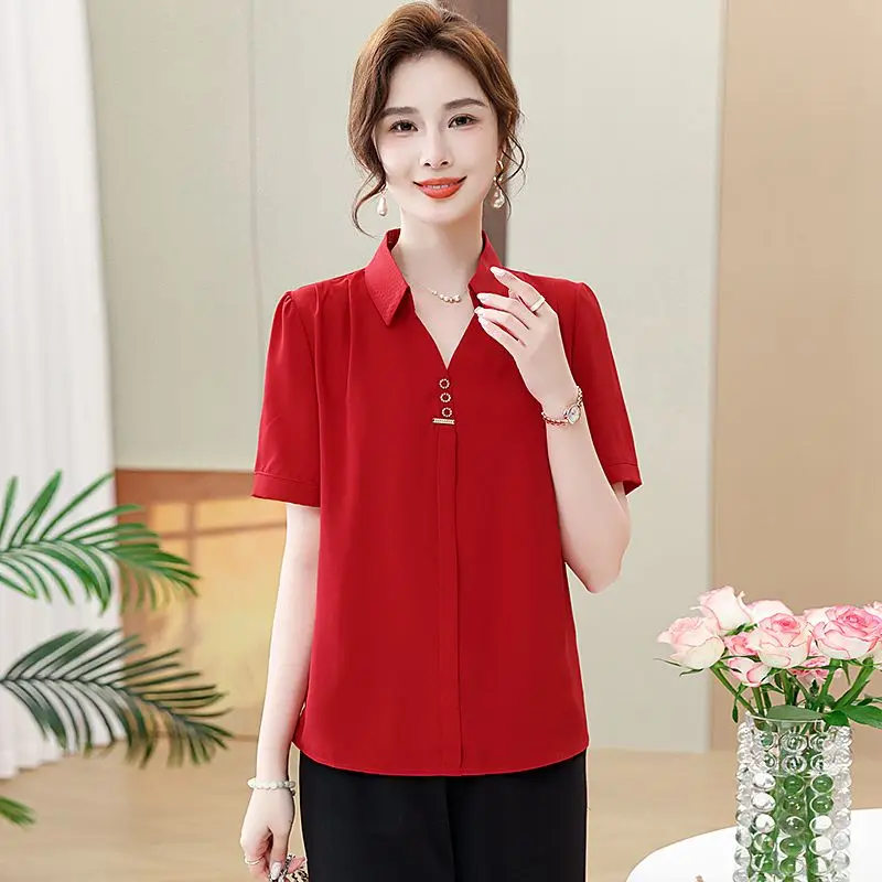 

Women's Middle-Aged Shirt Collar Blouse Short Sleeve V-Neck Decorative Buttons Slimming Casual Top In Mustard Yellow