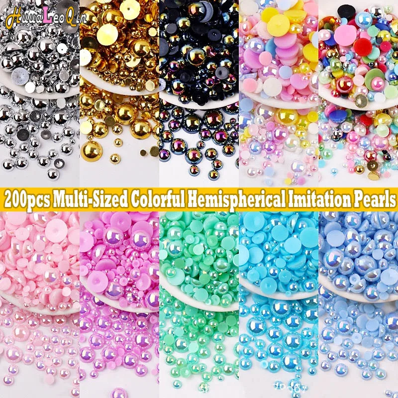 200pcs Hemispherical Multi-Sized Colorful ABS Imitation Pearls Loose Seed Beads for Needlework Jewelry Making Nail Accessories