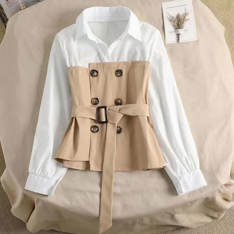 Korean Commute 2024 Spring Autumn New Blouses Women\'s Solid Patchwork Button Sashes Fashion Loose Polo Collar Long Sleeve Shirts