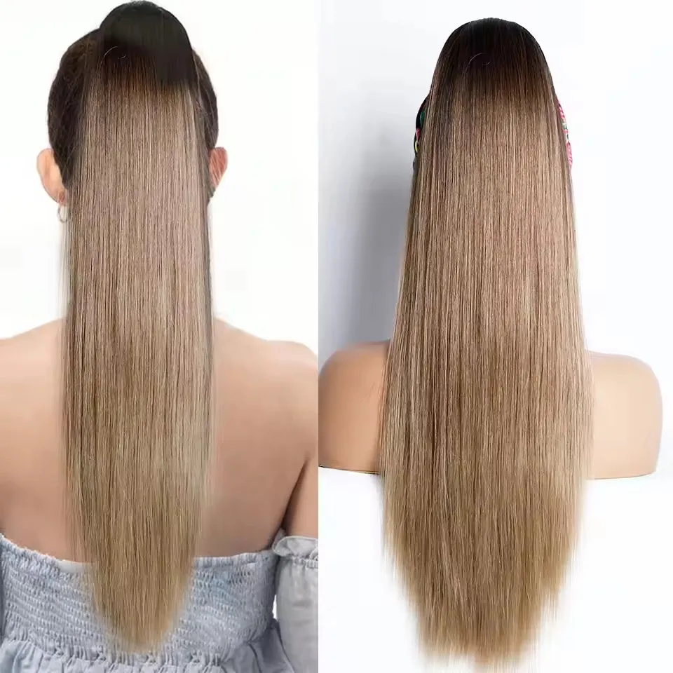 

180grams 28 Inches Ponytail Ombre Blond 27/613 Hair Extensions With Clip Brown 27/30 Nature Straight High Temperature Synthetic