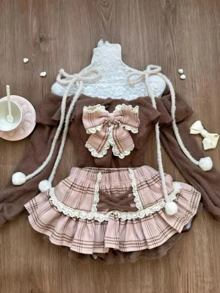 Ropa Kawaii de estilo japonés para mujer, conjunto de faldas de 3 piezas, ceñido al cuerpo, incluso ropa de fiesta, trajes de Lolita de otoño, Tops cortos Y2k 2025