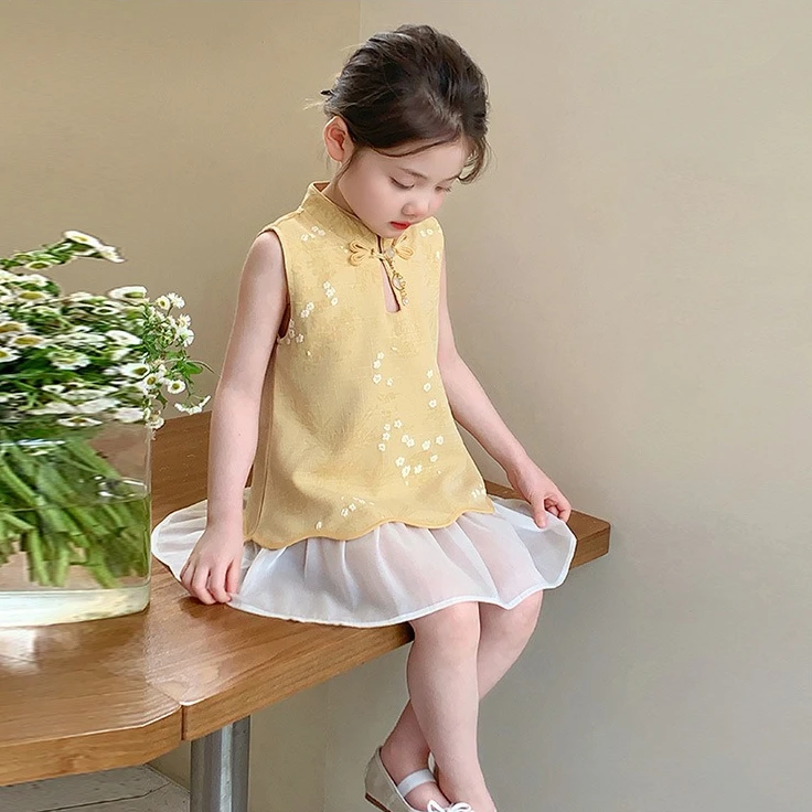 Girls' Dress 2026 Spring and Summer New Children's Clothes Girls' Baby New Chinese Style Plate Buckle Fake Two Mesh Dress