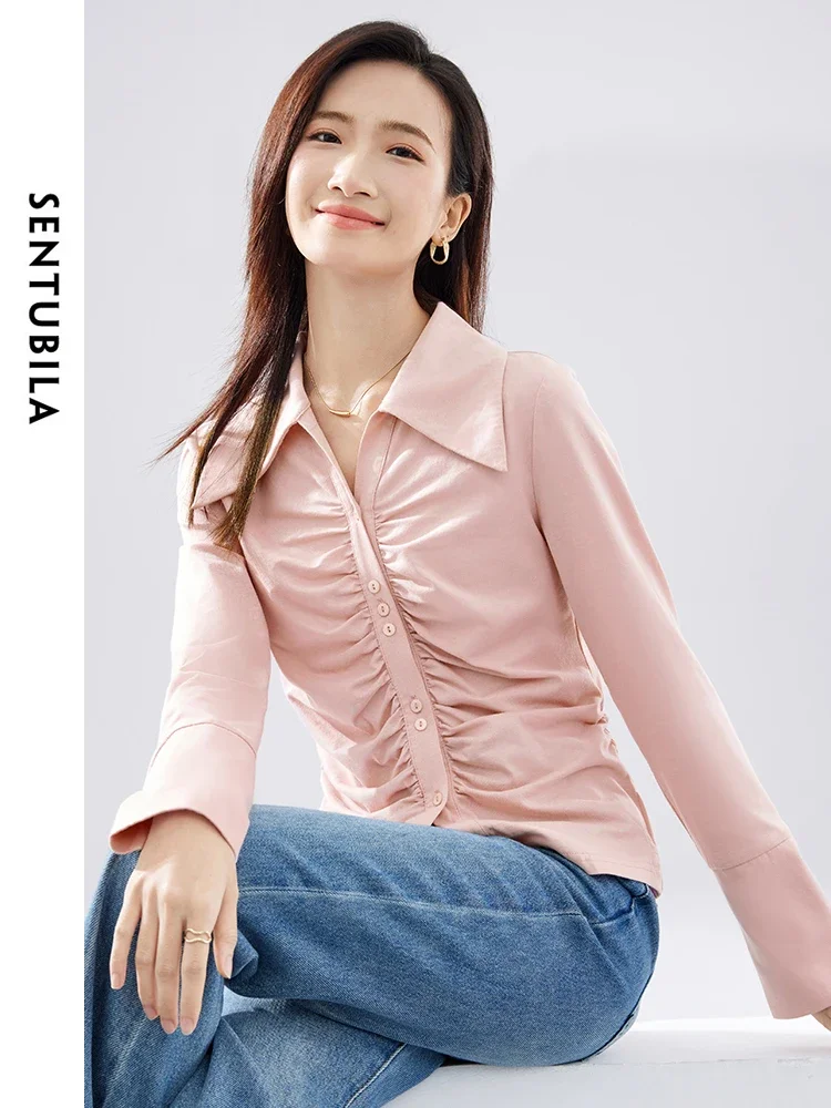 

SENTUBILA Knitted Cardigan Women Knitwear 2025 Spring Fall Korean Fashion Cotton 100% Simple Slim Long Sleeve Knit Top 141H52381