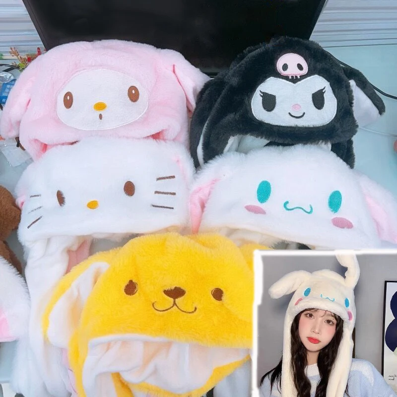 Sanrio Jumping Up Cap Cinnamoroll My Melody Ear Moving Hat Kawaii Kuromi Soft Plush Hat Toys Funny Toy