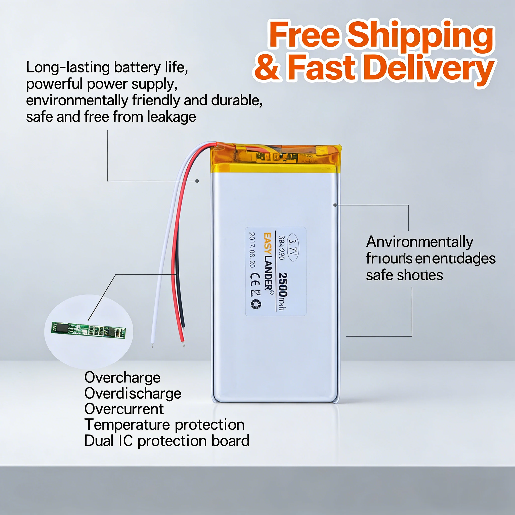 

384290 3.7V 2500mAh Li-Po Battery Rechargeable Polymer Lithium Cell for Tablet PC GPS DVD Replacement Battery