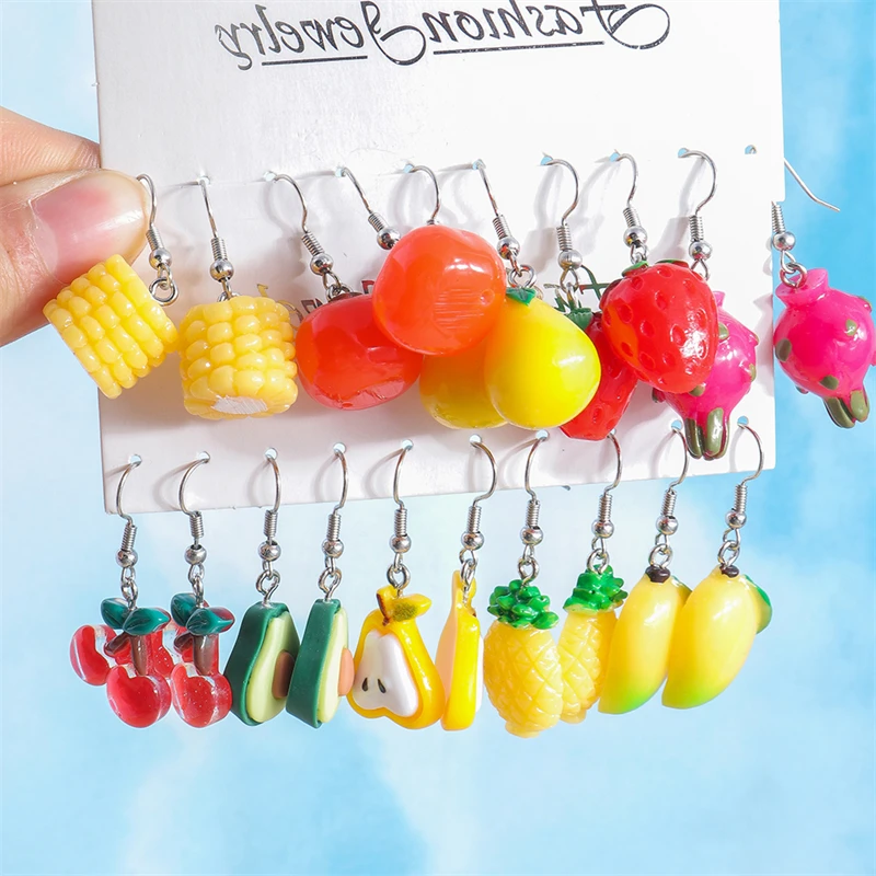 Fashion Summer Fruit Drop Earrings for Women Resin Banana Strawberry Cherry Dangle Hooks Earrings Girls Party Jewelry Gifts