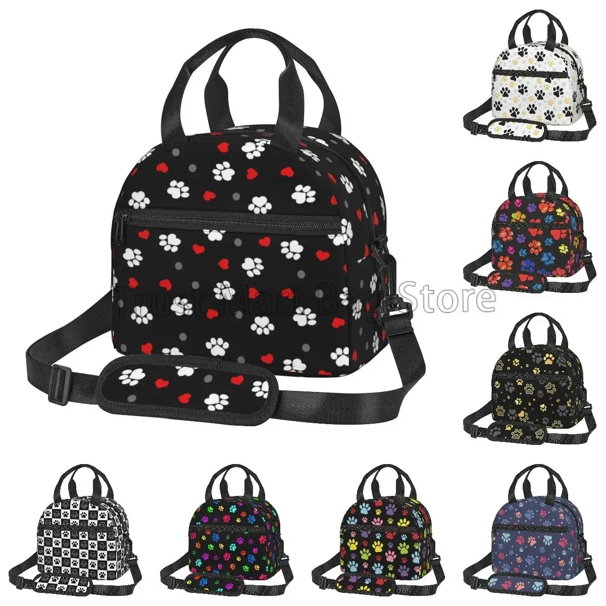 Cartoon Dog Paw and Hearts Print Insulated Lunch Bag Dog Animal Paws Thermal Lunch Box Portable Bento Pouch with Shoulder Strap