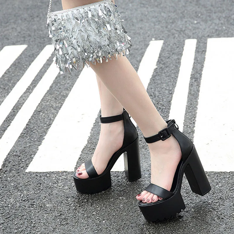 Chunky Heeled Open Toe Sandales Ankle Buckle Platform Block 14cm High Heels Summer Black White Punk Shoes Woman Sandalias Mujer