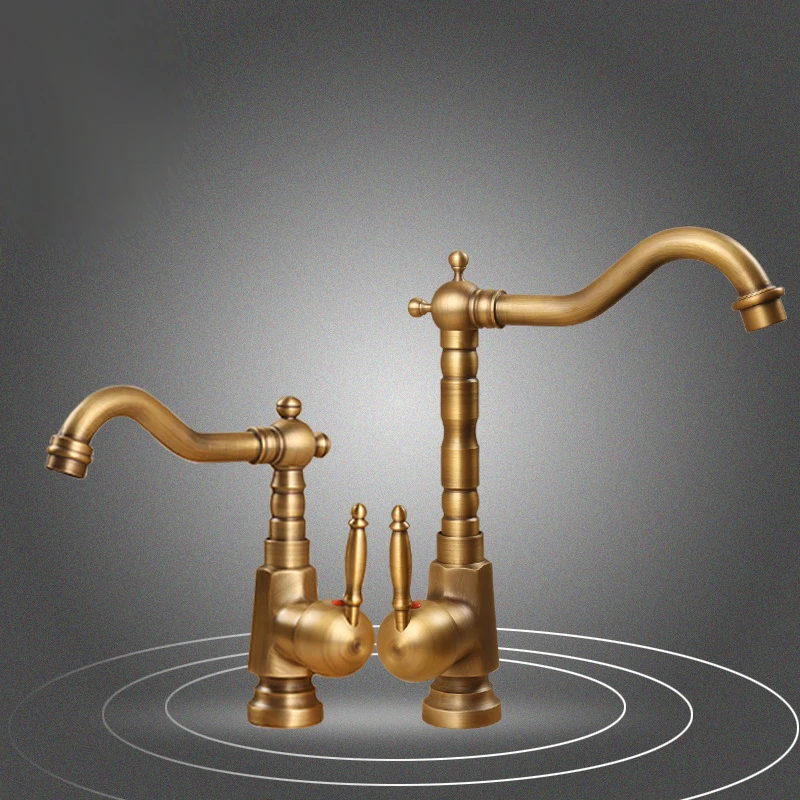 

Antique Brass Kitchen Faucet Swivel Bathroom Sink Faucet Hot and Cold Water Mixer Tap Single Hole Mixer Tap